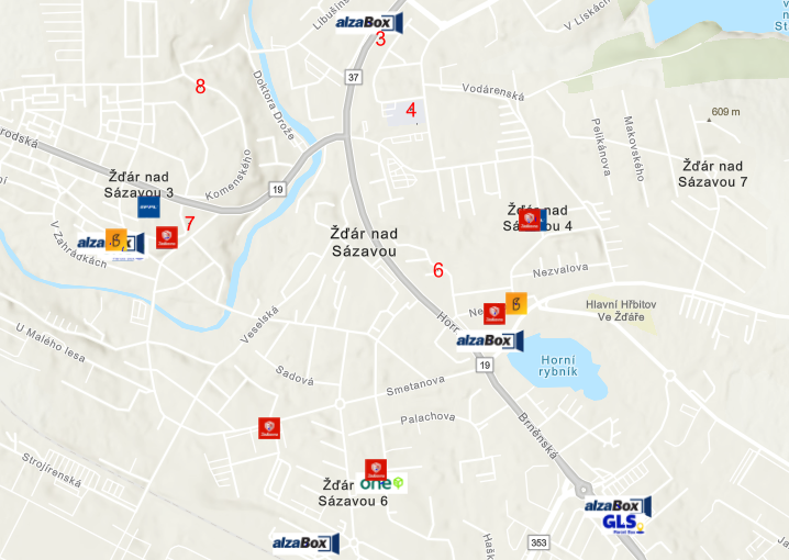 Mapa umístění výdejních boxů ve Žďáře nad Sázavou